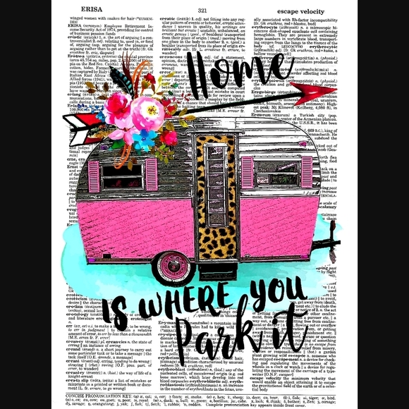 Handmade Other - Pink Camper Travel Dictionary Art Print Wanderlust